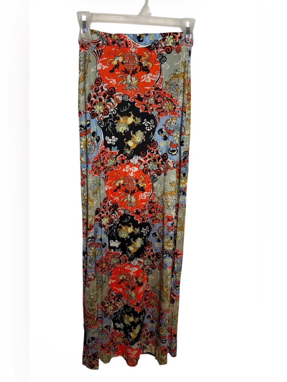 Vintage oriental orange & black dragon maxi skirt with side slits size 5